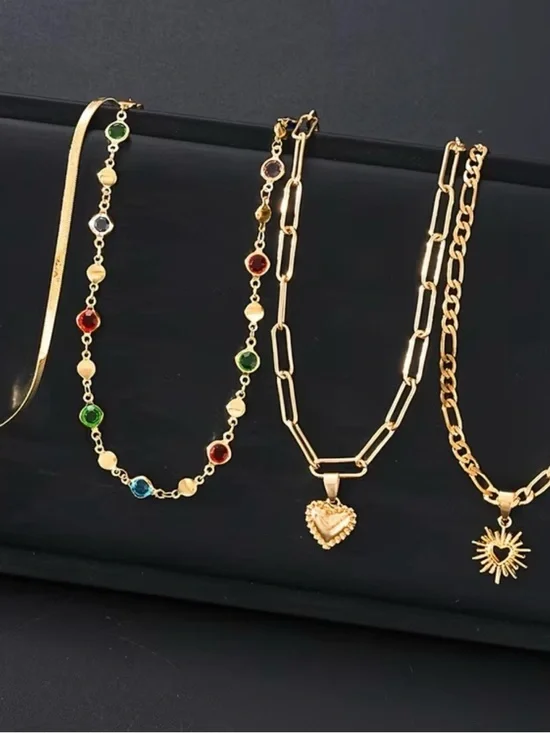 🔥 Gold-Tone 4 pc Layered Heart & Sun Multicolor Pendant Necklace - Picture 5 of 6